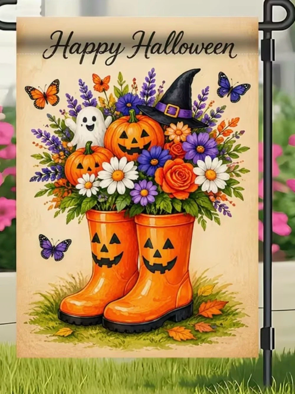 Happy Halloween Orange Jack-o'-Lantern Boot Garden Flag Flowers Ghost Witch Hat